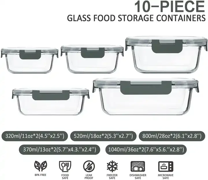 10 Pack Glass Food Storage Container, Airtight Glass Lunch Bento Boxes, Leaking Proof Glass Meal Prep Container with Lids