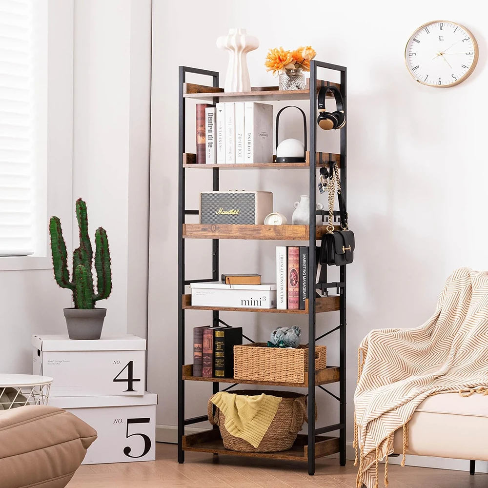 product adjustable 6 tier open modern wood black metal bookcase with back panel home office living room bedroom-8