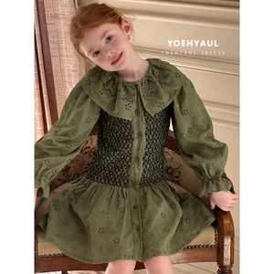 YOEHYAUL 25167 Autumn Embroidered Hollow Floral Dress for Girls Green Knee-High Short Dress Lace Baby Collar Cotton Dress