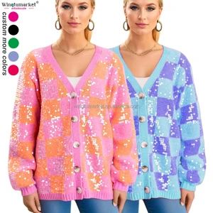Holiday Sequins Knitted Cardigans Ladies Sweaters pink Plaid Sparkle Checkered Cardigan Custom Oversized Sequin Women Sweater