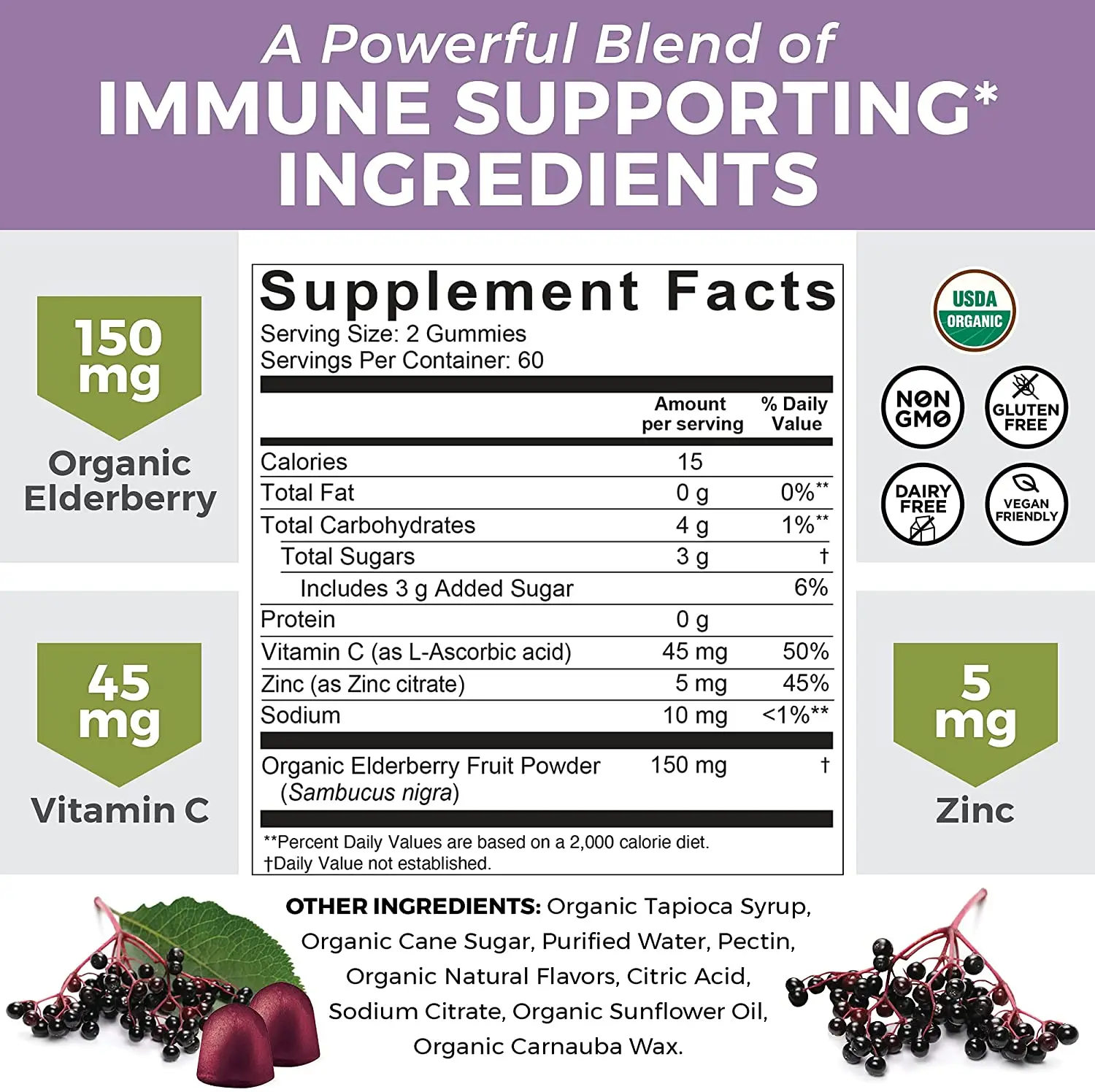Adults Herbal Supplement Immune Support Organic Sambucus Black Elderberry Gummies With Zinc Vitamin C