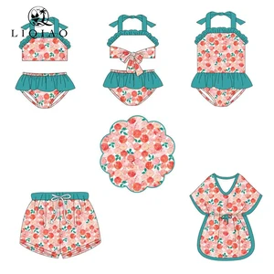 LIQIAO Custom Kids Floral Print Swimwear Set Ruffled Bikini & Cover-Up Beachwear Children Bathing Suit OEM Low MOQ