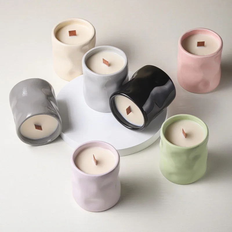 FENN Wholesale Customised Handmade Irregular Porcelain Empty Green Candle Veessel Enameled Black Candle Jars for Home Decoration