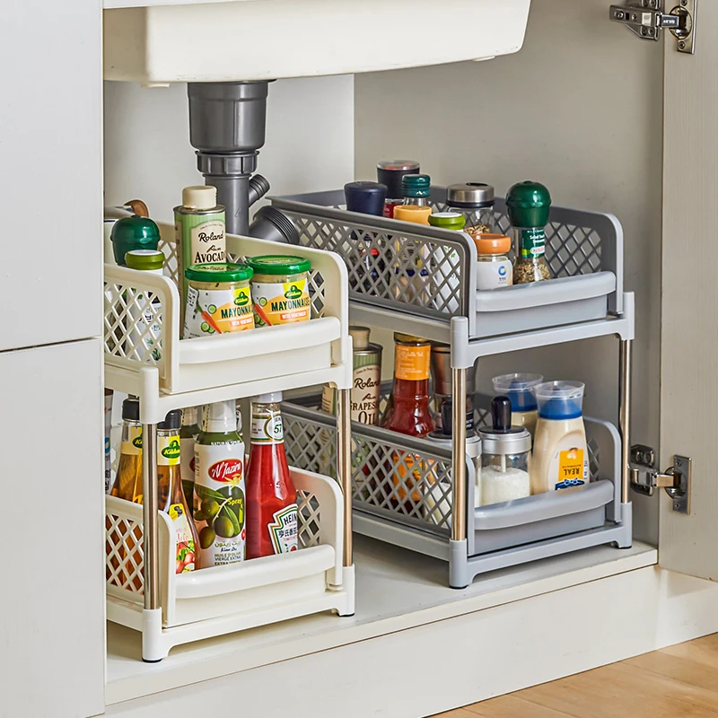 Kitchen Storage Shelf with 2 Drawers Sliding Spice Rack Under Sink Organizer Multi-function Rack with Darwers