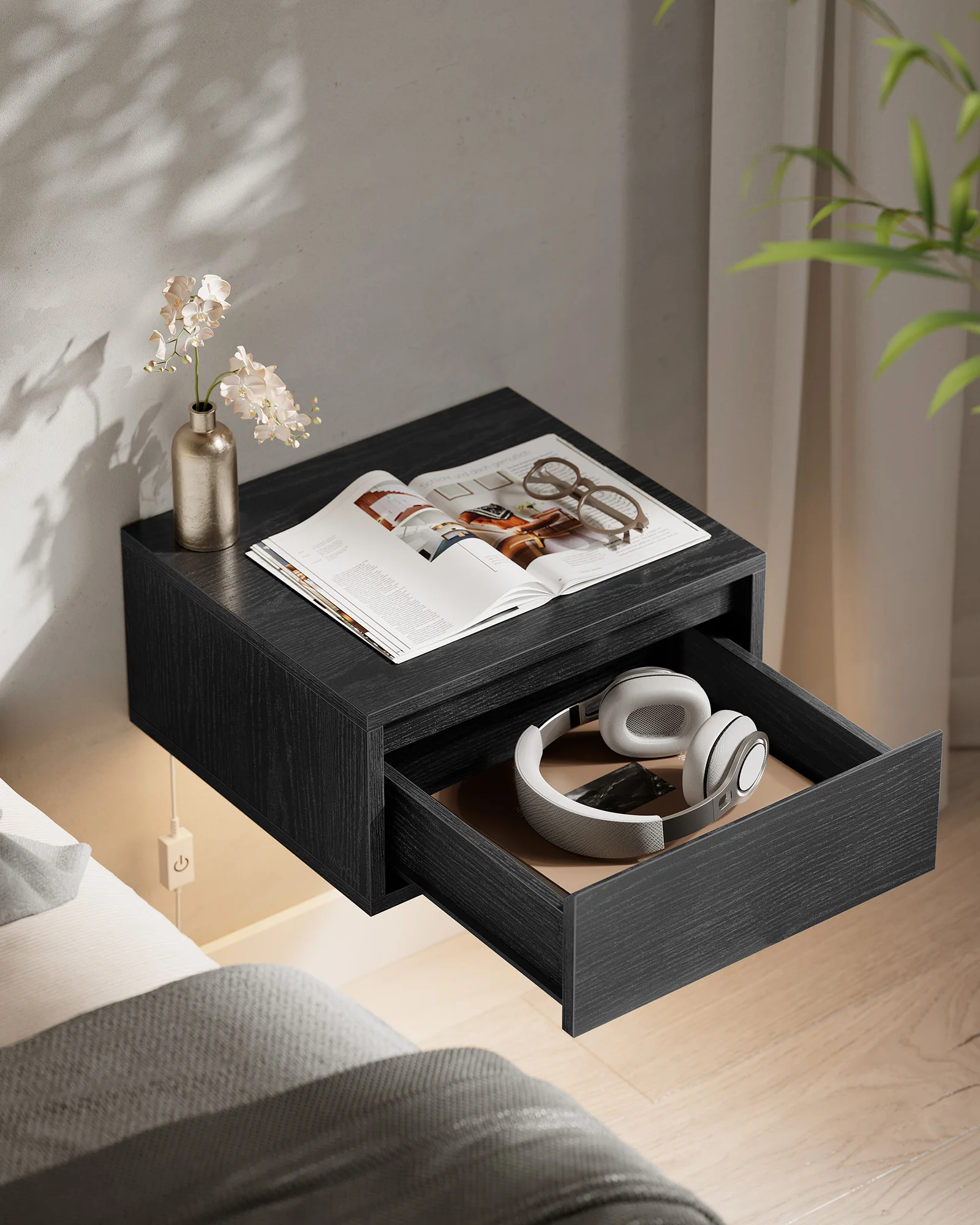 VASAGLE Multipurpose Wooden Small Floating Wall Mounted Nightstand With Drawer Modern Bedside Table with Led