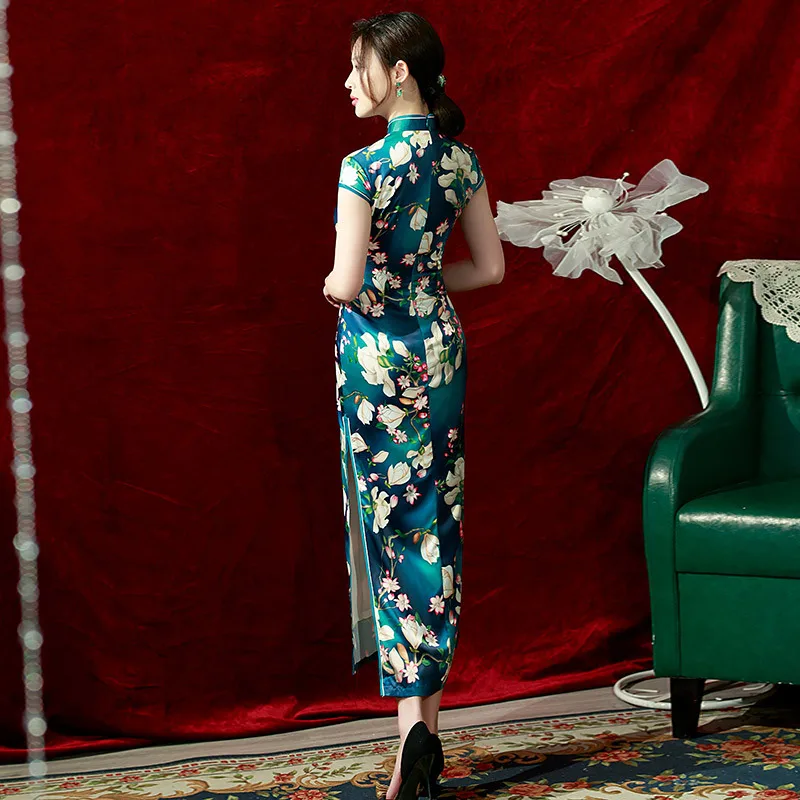 Nuovo stile verde elegante donna Vintage cinese tradizionale Qipao  Cheongsam floreale Chiffon abito lungo vita stile impero