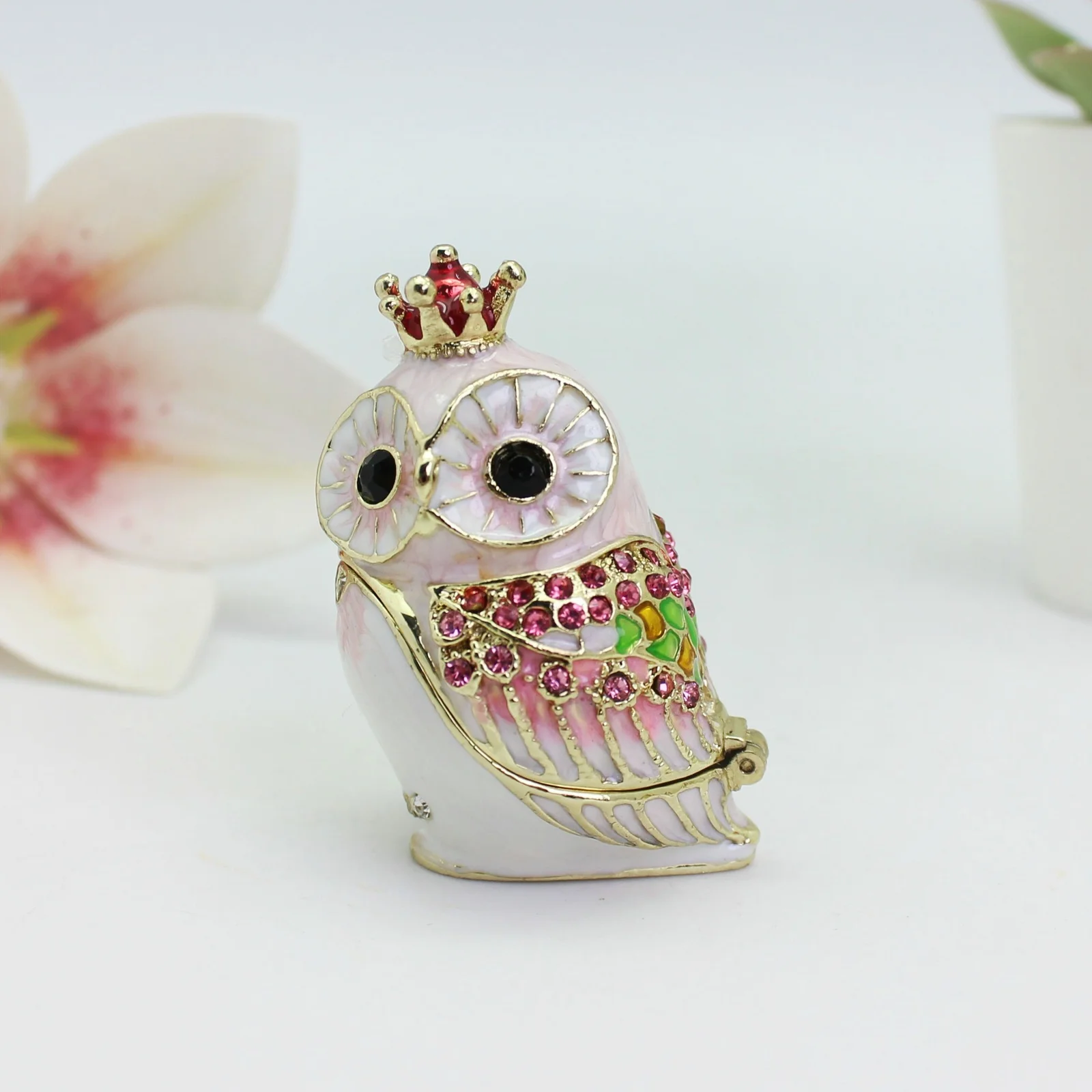 SHINNYGIFTS Mini Cartoon Crown Owl Gold-Plated Metal Pewter Enamel Home Decoration Figurine Ornament Trinket Box
