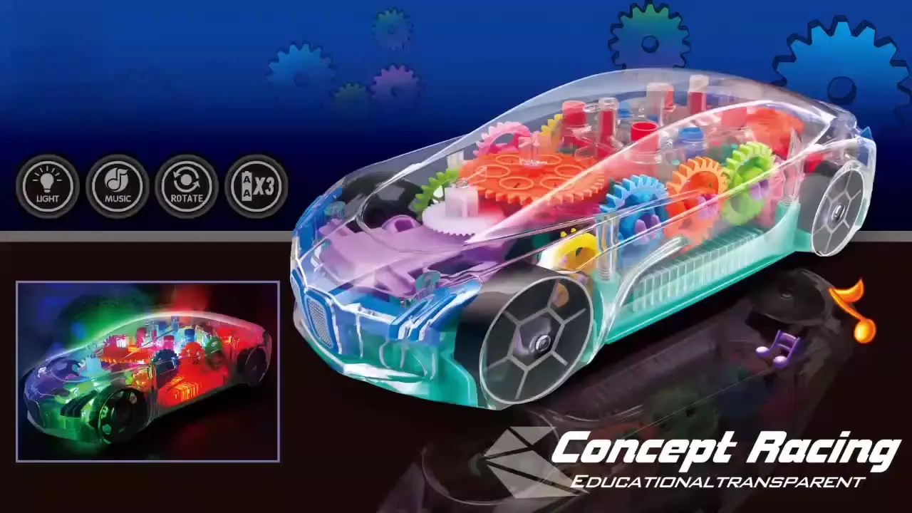 2021 New Product Electric Toy Flashing Light B/O Transparent Racing Track Universal Concept Car Toy With Music
