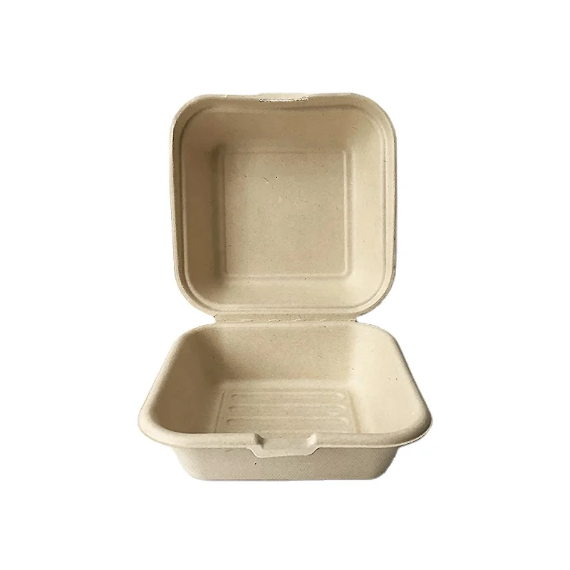 6x6 inch clamshell box disposable sugarcane lunch box food bagasse container biodegradable compostable takeaway hamburger box