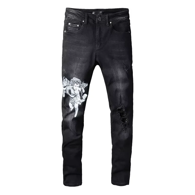 Hip Hop Vintage Straight Men's Jeans Skinny Streetwear Black Micro-Elastic Cotton Letters Print Tight-Fitting Style