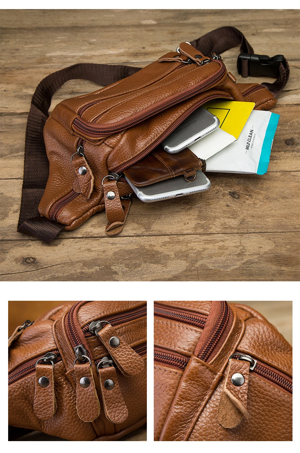 Fashion Quality Leather Male Waist Bag Design Casual Cell Phone Case Pouch Travel Fanny Pack Men 004