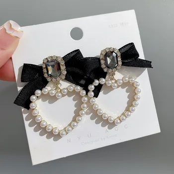 Retro style rhinestone pearl earrings French bowknot black peach heart shaped dangle earrings jewelry
