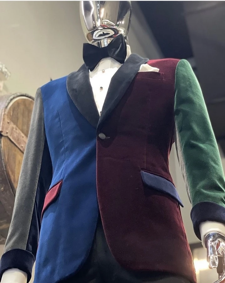 New Design Velvet Stitching Colorful Smoking Jackets Shawl Lapel Formal Tuxedos Vintage Party Prom Suit Blazer Only Coat 1Piece