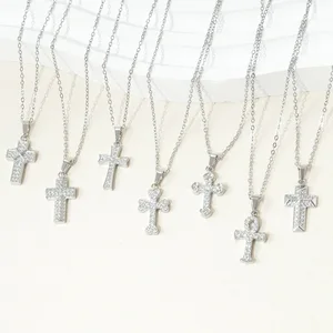 European American Women's Sporty Copper Cross Inlaid Zircon Pendant Necklace Fashion Joker Light Luxury Design Clavicle Chain