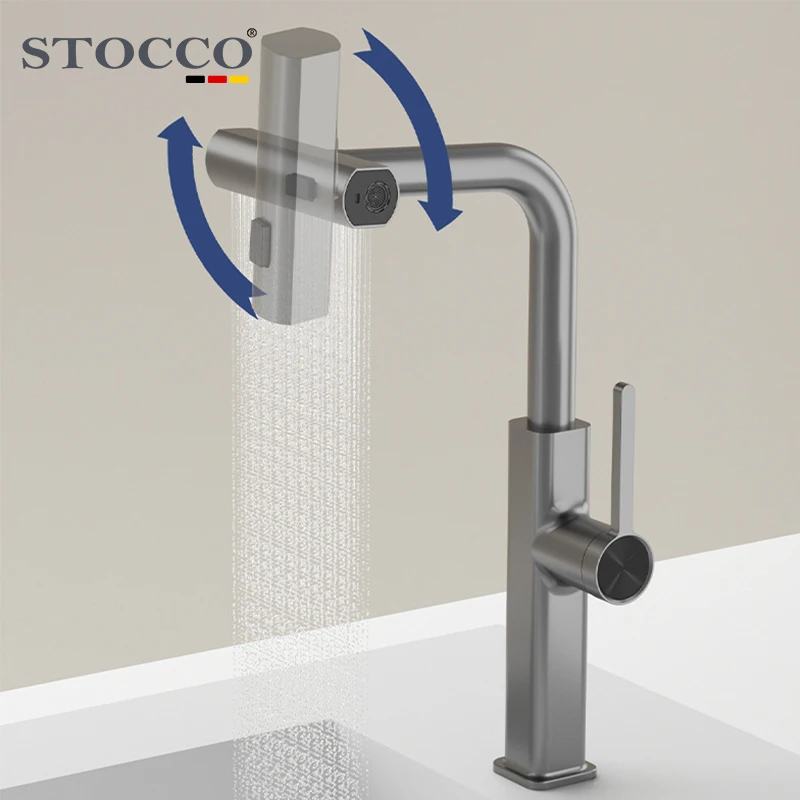 STOCCO Modern Design Single Hole Deck 3 Way Pull Waterfall Kitchen Faucet Brass Material Ceramic Unique Gun Cold Water Tap Pull