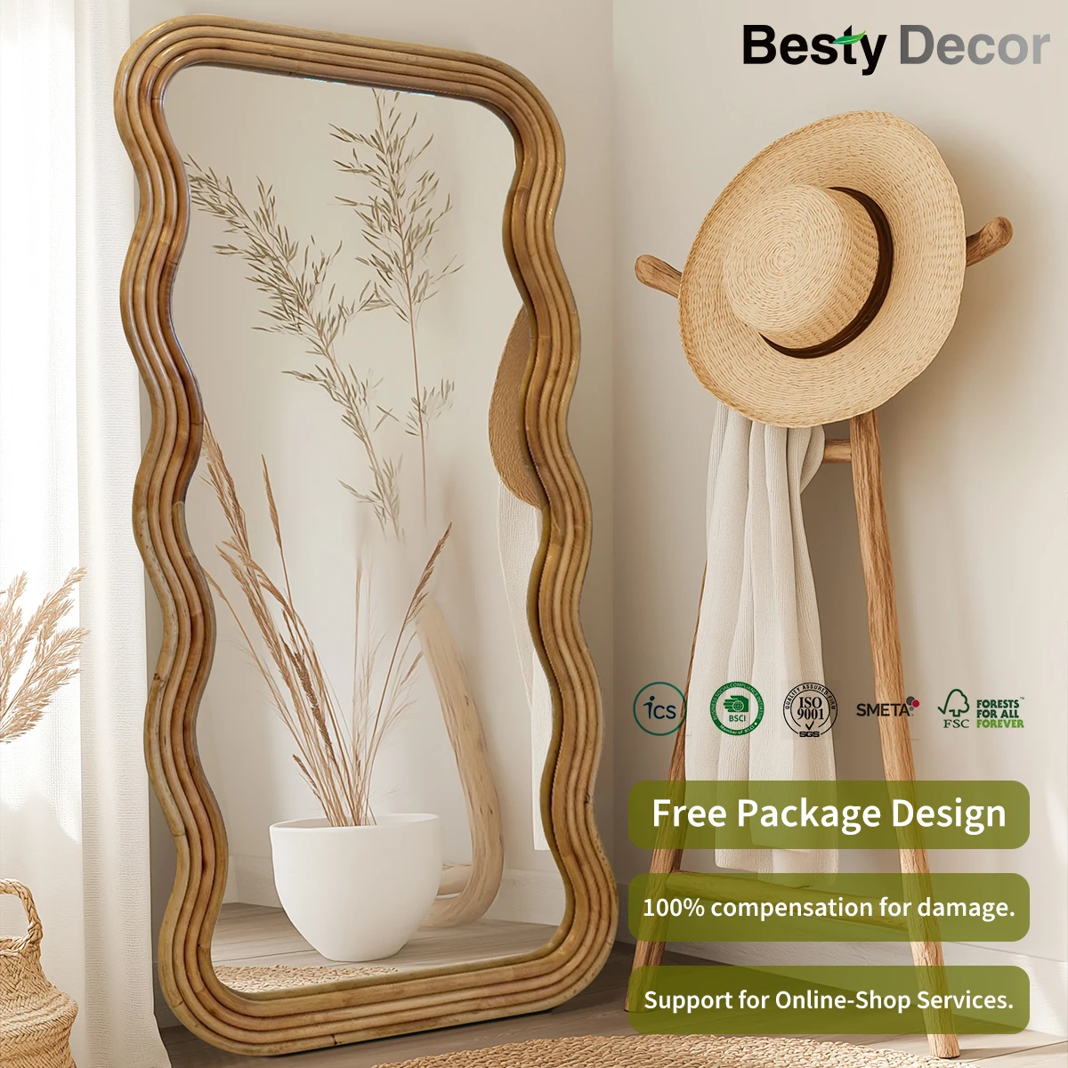 Factory Nature Bedroom Large Mirror Mounted Espejos Dressing Floor Mirror  for Wall Decor Wavy Shape Frame Wood Irregular Mirror