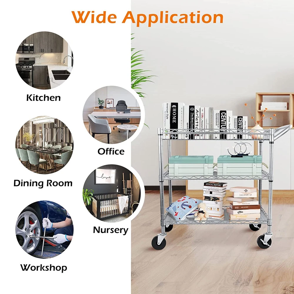 3 Tier Rolling Utility Cart, Kitchen Metal Utility Carts with Handle Bar Commercial Grade Wire Shelving Storage Cart