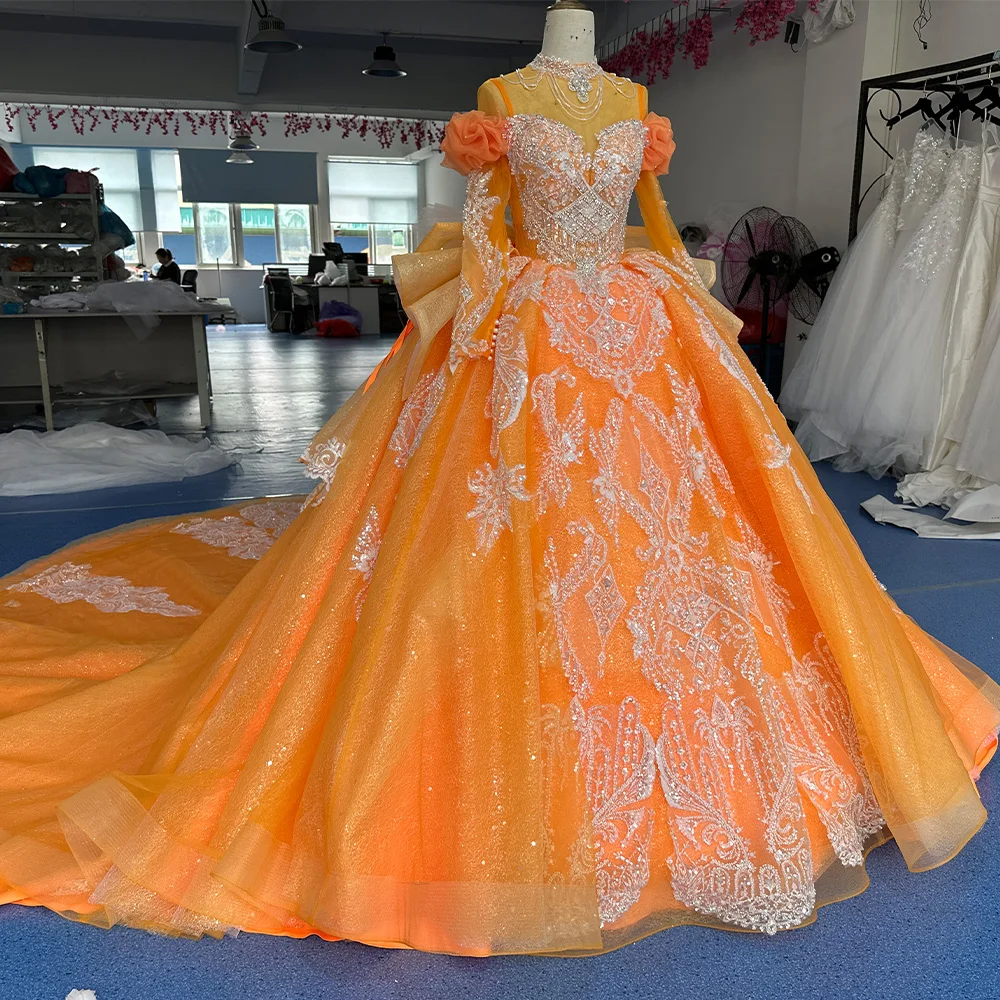 Jancember XS096 Chic Orange Long Sleeve Sequins Ball Gown