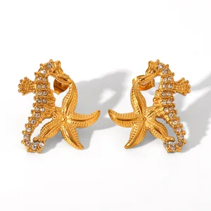 MW Summer New Ocean-style Jewelry Seahorse Starfish Zircon-encrusted Earrings Stainless Steel Stud Earrings