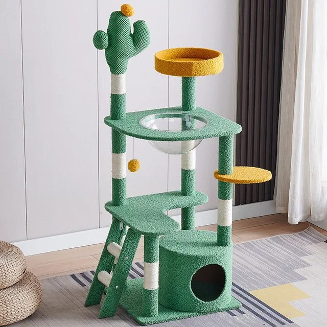 Cat climbing tree green cactus cat tree unique design luxury wooden cat house tree 136cm height