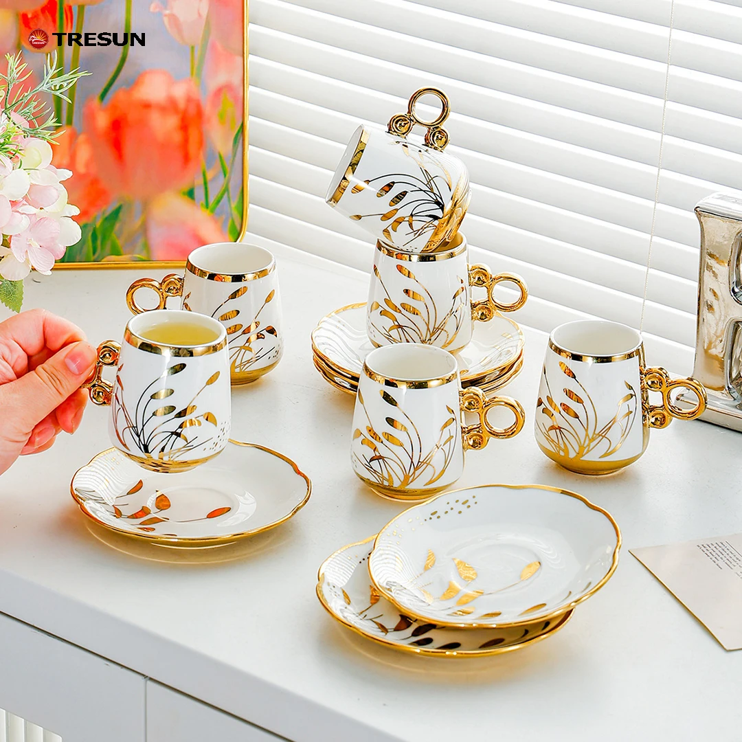 Arabic Style Middle East Gift Box Luxury Cheap Price Cappuccino Laate Porcelain Ceramic Tea Coffee Cup and Saucer Set of 6
