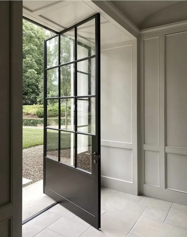 Modern High-Rise Wrought Iron Swing Door 1-Hour Fire-Rated Glass Compact Steel Pivot Entries for Condo Lobbies Windproof