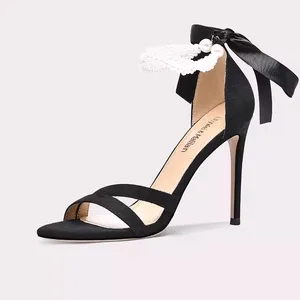 Elegant Ribbon Bowtie Pearl Chain Square Heel Sandals Party Shoes Women Wedding Shoes Open-toe Sandals with Square Heels