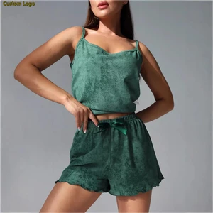 ODM OEM Custom Logo Pyjama Sets Lace Trim PJ Set with Ruffles Sleepwear for Women Sexy Lingerie Clothing Manufacturer 2026