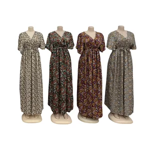 2026 Women's Casual V-Neck Floral Split Dress Short-Sleeved Breathable Autumn Beach Holiday Dress Fresh Girl Temperament