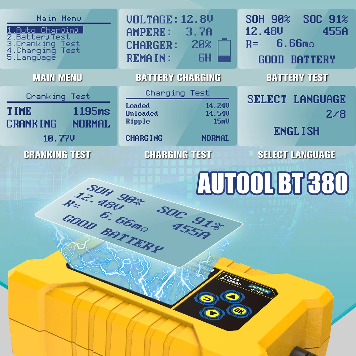 autool bt380 12v汽車電池測試儀和汽車電池充電工具汽車電瓶檢測儀