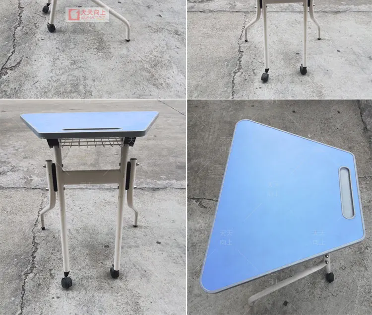 Portable Folding Table and Chair Set Trapezoidal Table With Wheels and Book Rack