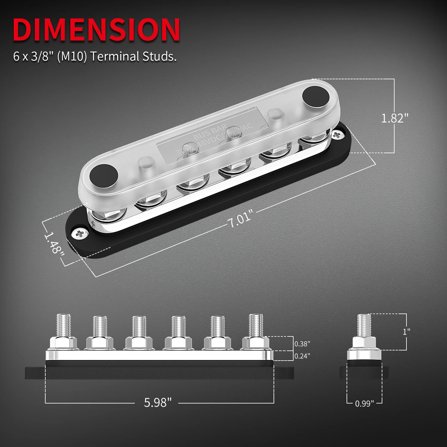 Daiertek 300a Automotive Busbar Power Terminal Blocks Screw Type Terminal Blocks 6X 3/8"Post(M10) Stud  With PC Dust Cover