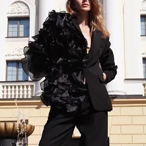 Autumn Winter New Women's Designer Fashion Black High-End Catwalk Suit Long Casual Lapel Stitching Mesh 3D Ruffled Coat