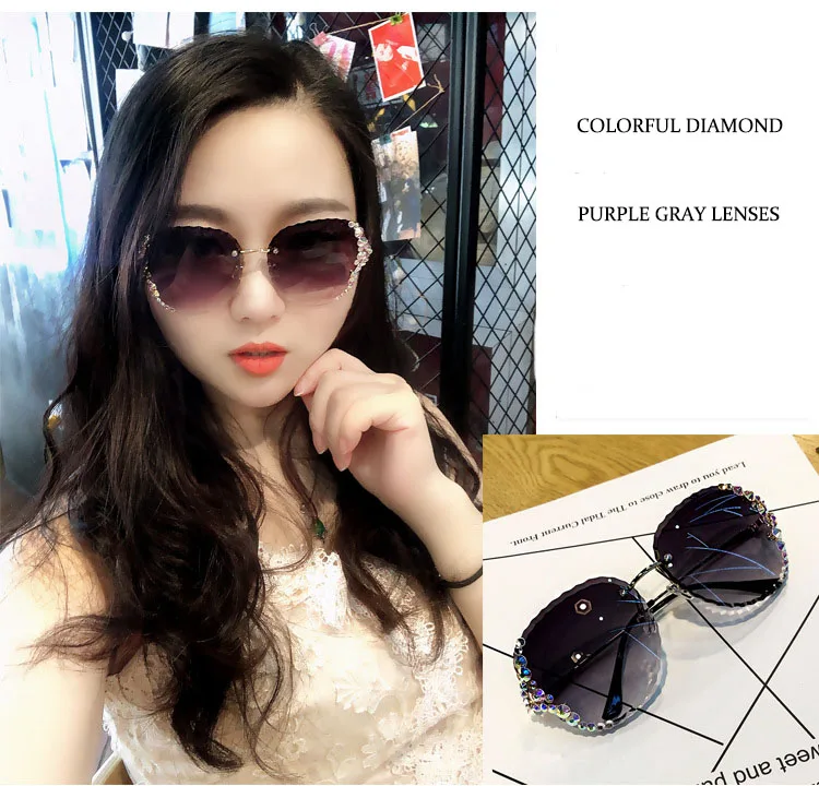 Personality Luxury Rimless Diamond Ladies Sunglass Lentes De Sol Trendy Crystal Rhinestone Women 9459