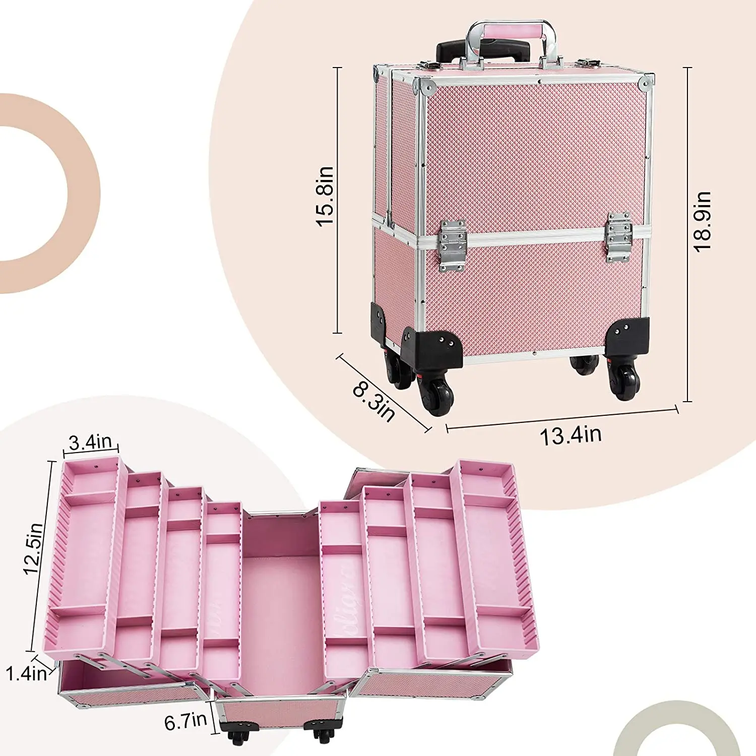Rolling Makeup Case with Wheels Professional Cosmetology Large Train Case Wheeled Cosmetic Trunk with 8 Divided Trays for Makeup