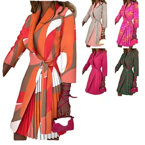 Best Selling Autumn Winter Sexy Digital Day Mini Dress Turn-down Collar Medium Long Sleeve Natural Waist A-Line Chiffon Color