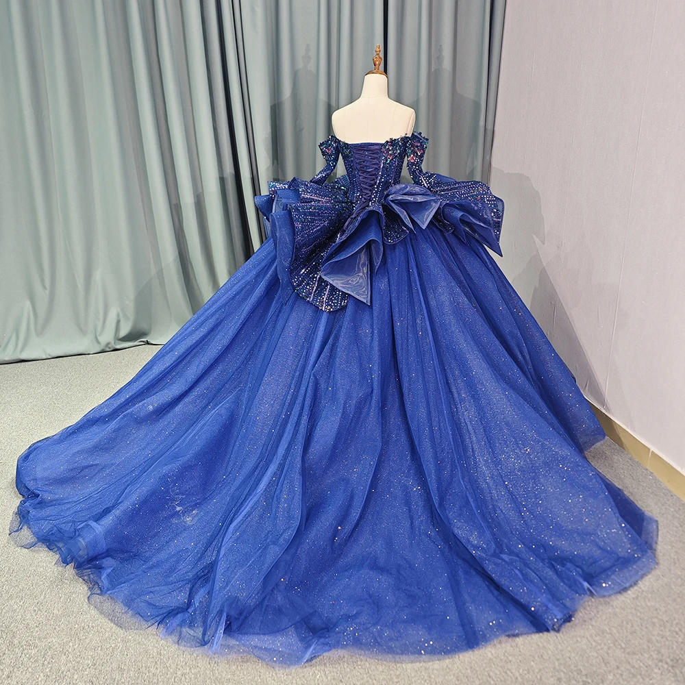 Gorgeous Blue Sweetheart Ball Gown Pearls 3D Flowers Sequined Tulle Maxi  Quinceanera Dresses 6761-1