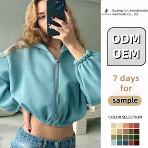 OEM ODM Custom Trendy High Quality Solid Color Custom Zip up Drop Shoulder Balloon Sleeves Oversized Crop Top Hoodie Women