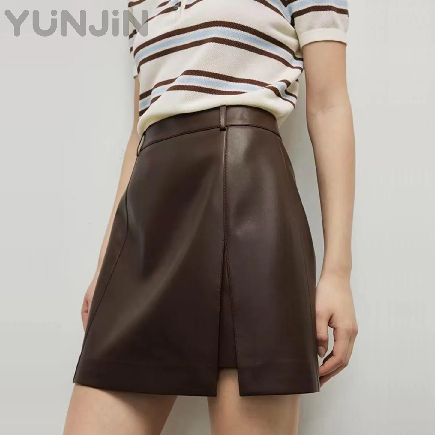 Women's Genuine Leather Skirt High Waist A-Line Asymmetric