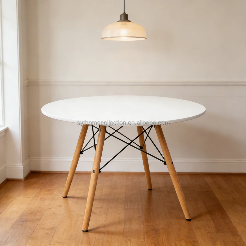 Modern Round Dining Room Table Cafe Table with White Top and Cross