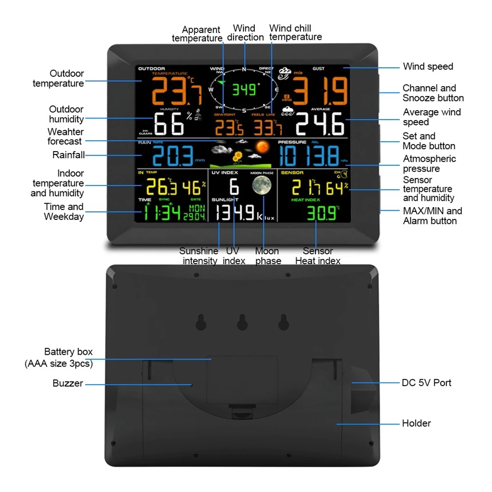 OEM Manufacturer Home Weather station with 7 in 1 Integrated thermo-hygro,  Wind, Rain, UV and Sunlight Sensor