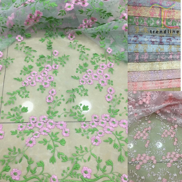 10 Color Options Flower Embroidered Polyester Lace Fabric With Scalloped Edge