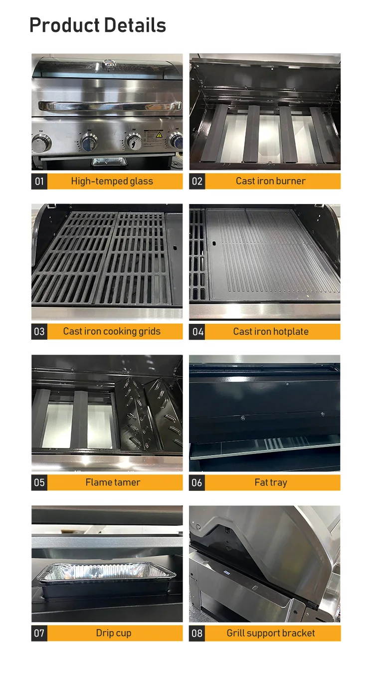 High Quality High Temp Glass 4 Burner Stainless Steel Bbq Gas Grills