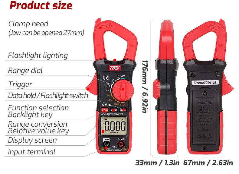 Tasi Ta8315a Clamp Multimeter 1000v 600a True Rms Auto Range Digital Ac ...