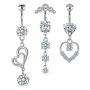 A Set Belly Button Rings Dangle Heart-Shaped Four Large Zircon Navel Ring Surgical Steel Belly Piercing Jewelry Lady Ornaments