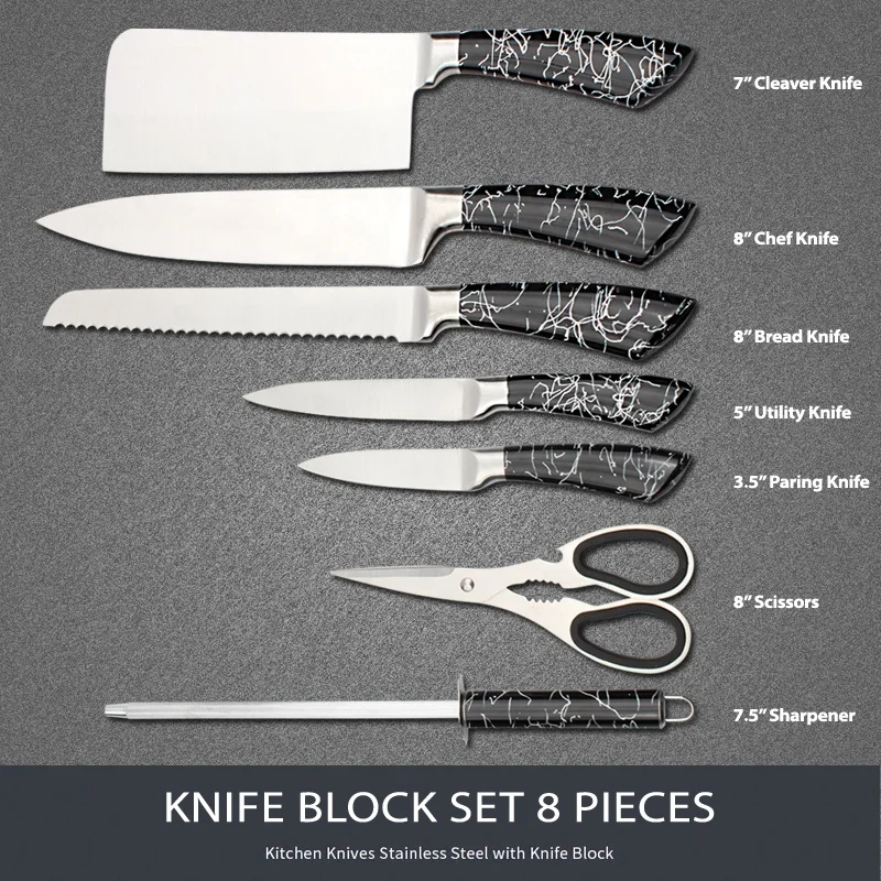 
Удивительные товары 2021 хорошее качество блестящие черные королевские 8 шт. ножи шеф-повара из нержавеющей стали набор кухонных ножей с акриловой подставкой 