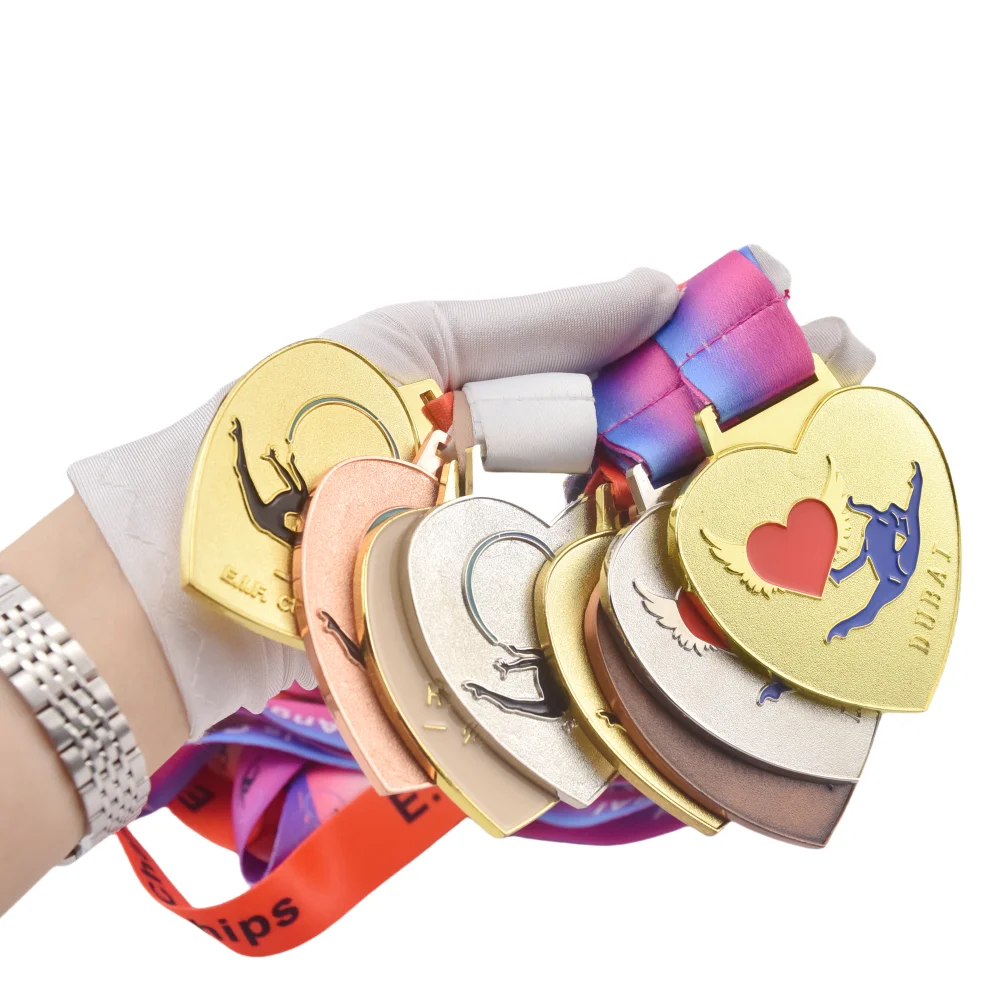 사용자 정의 하트 모양 두바이 그랜드 대회 리듬 체조 메달 메탈 스포츠 골드 실버 브론즈 댄스 메달 사용자 정의 로고