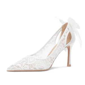 Women's Elegant Wedding Shoes with Lace Shallow Mouth and Pointed Thread Large Size 8cm Heel Empty Bow for Foreign Trade