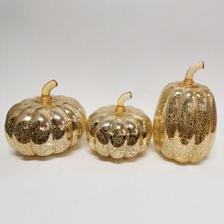 Set of 3 orange silver gold mercury glass led light up blown glass pumpkins decorative glass pumpkin lantern lights wholesale details