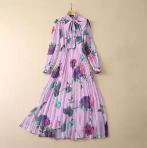 Autumn New Women's Long Sleeve Floral Print Casual High Waist Pleated Midi Skirt Woven Printed Plus Size Dresses Zipper Sweet